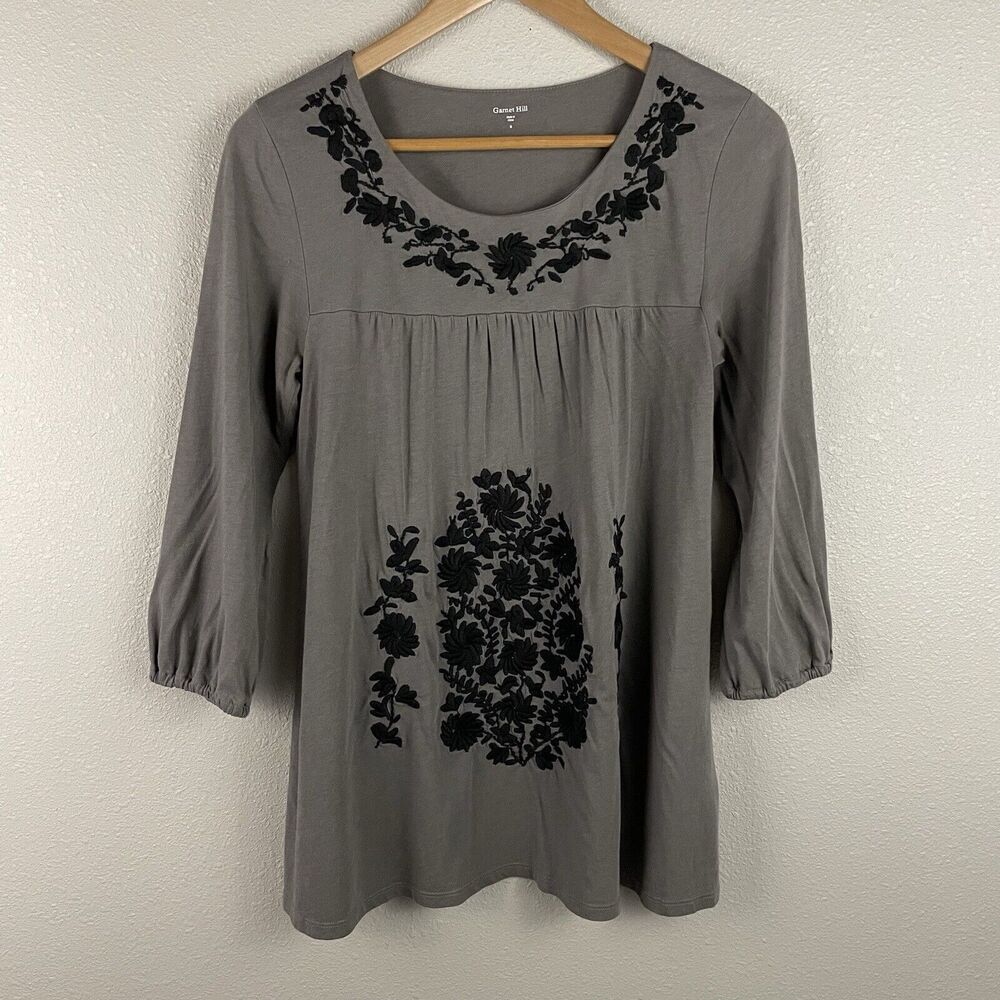 Garnet Hill Womens S Gray Folkloric Embroidered Knit Top Modal Blend 3/4 Sleeve